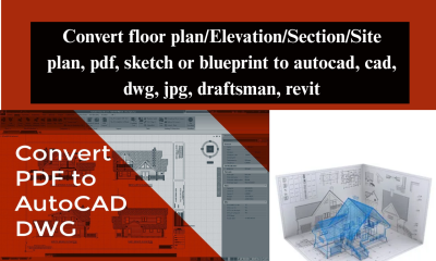 I will Convert PDF to CAD, Sketch to AutoCAD, JPG, DWG, Blueprint, Draftsman, Revit