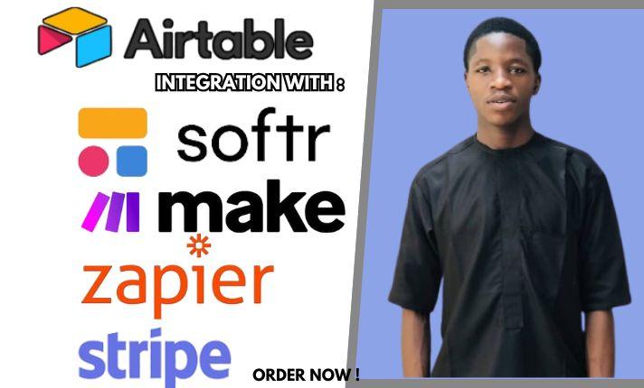 I will set up Airtable, integrate Webflow with Zapier, Softr, HubSpot, Make.com, and Stripe