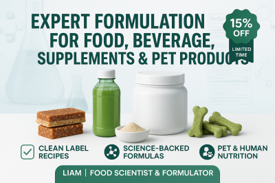 I will formulate food, beverage, supplement, energy drink, and pet products