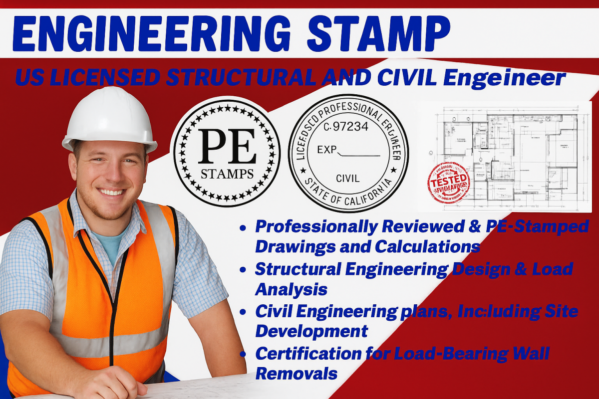 I will do professional civil and structural engineer PE stamp CA, FL, GA, SC, NC, IL