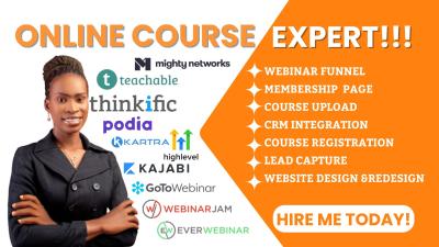 I will do online course upload, landing page, and sales funnel setup on SamCart, Kartra, Systeme.io, GrooveFunnels, and more