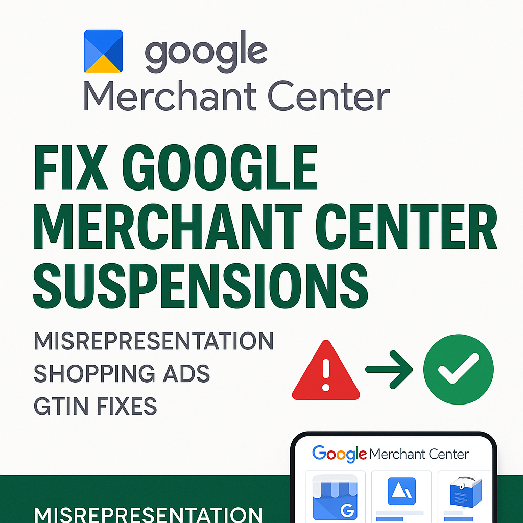 I will fix Google Merchant Center suspension, misrepresentation, shopping ads, and GTIN issues