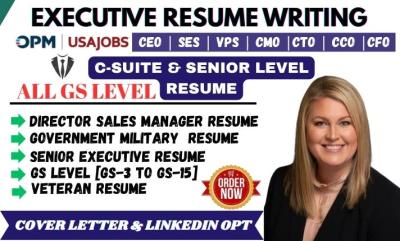 I will write executive resume, federal resume, ATS resume, cover letter, CV writing