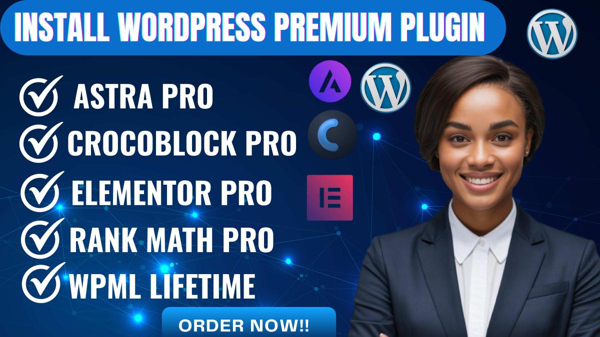 I will install Cruixie Elementor Pro, Astra Pro, Rank Math Pro, and Crocoblock