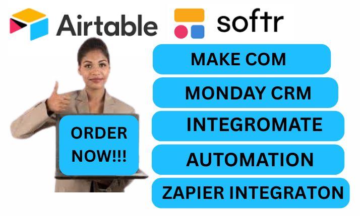 I will Airtable, Airtable Zapier Integration, Airtable Make.com, Monday CRM, Softr