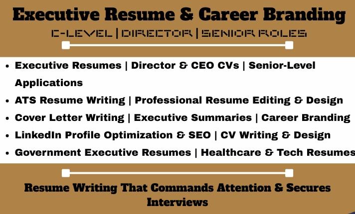 I will write executive resume, federal resume, ATS-friendly resume, LinkedIn profile, OPT resume for IT VP, CEO
