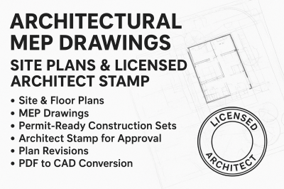 I Will Architectural MEP Drawings, Site Plans, Licensed Architect Stamp for City Permit