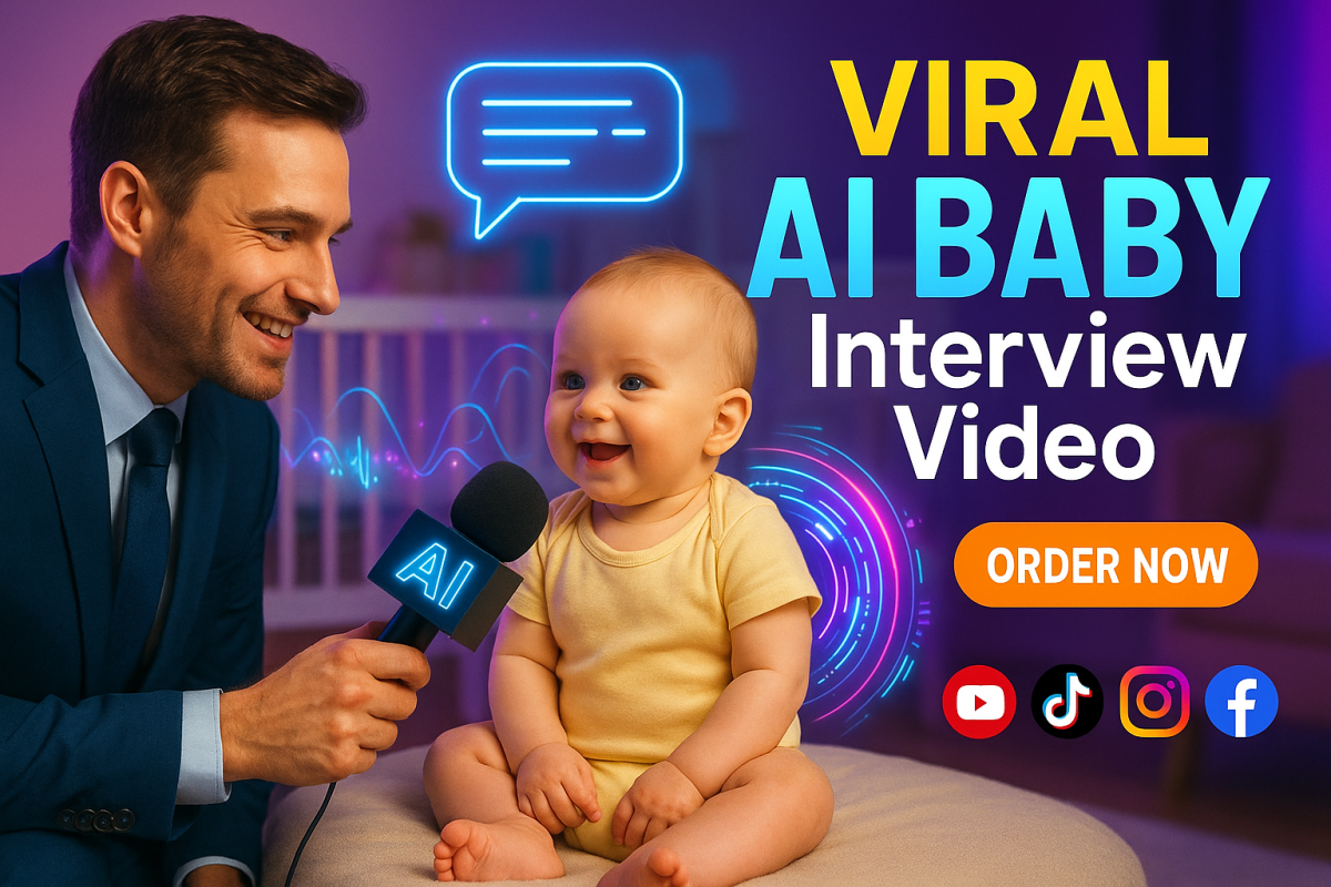 I will create AI baby talking podcast, AI baby interview, viral AI baby music, baby chef