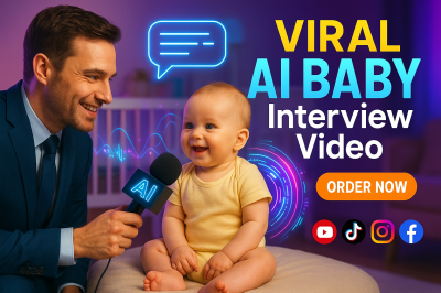 I will create AI baby talking podcast, AI baby interview, viral AI baby music, baby chef