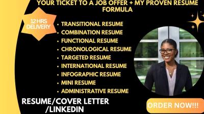 I will write functional, transitional, combination, admin resumes