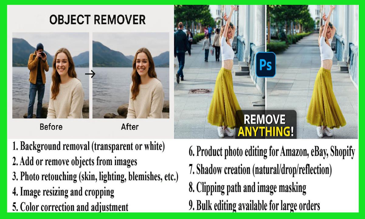 I will do Photoshop photo editing, add or remove object, transparent background