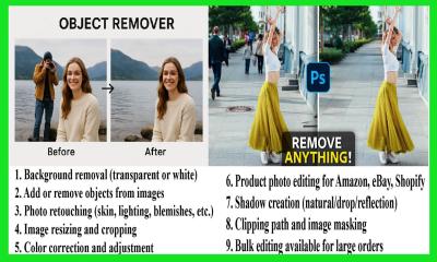 I will do Photoshop photo editing, add or remove object, transparent background