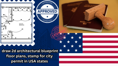 I will draw 2D architectural blueprint floor plans, stamp for city permit in USA state