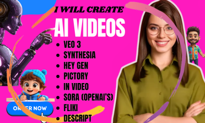 I will create ai videos and ai animations using veo 3, runway, and midjourney