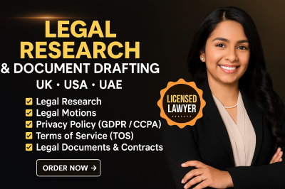 I will do legal research, legal motion, privacy policy, tos, legal document UK USA uae