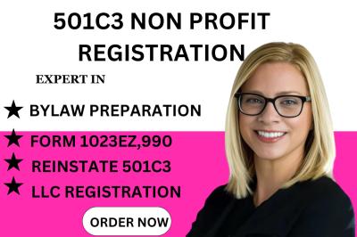 I will do 501c3 nonprofit registration irs filing 1023ez bylaws ein tax exempt
