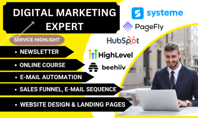 I will sales funnel, landing page on gohighlevel, systeme io, beehiiv, pagefly, hubspot