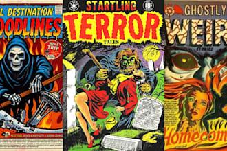 I will do 70s 80s vintage horror comic poster movie poster halloween dark art retro art