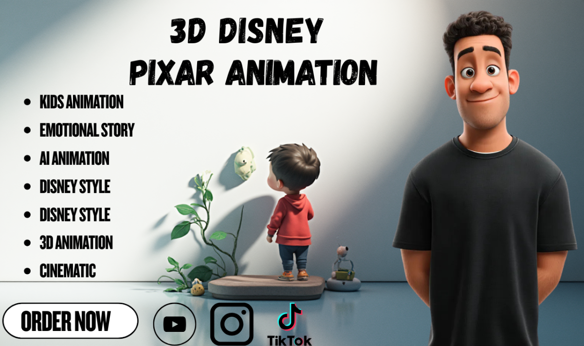 I will create a 3D Disney Pixar-style animation video with cinematic lighting and emotion