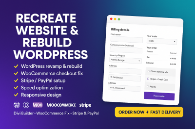 I will recreate, rebuild, and fix your WordPress website using Divi Builder and WooCommerce checkout