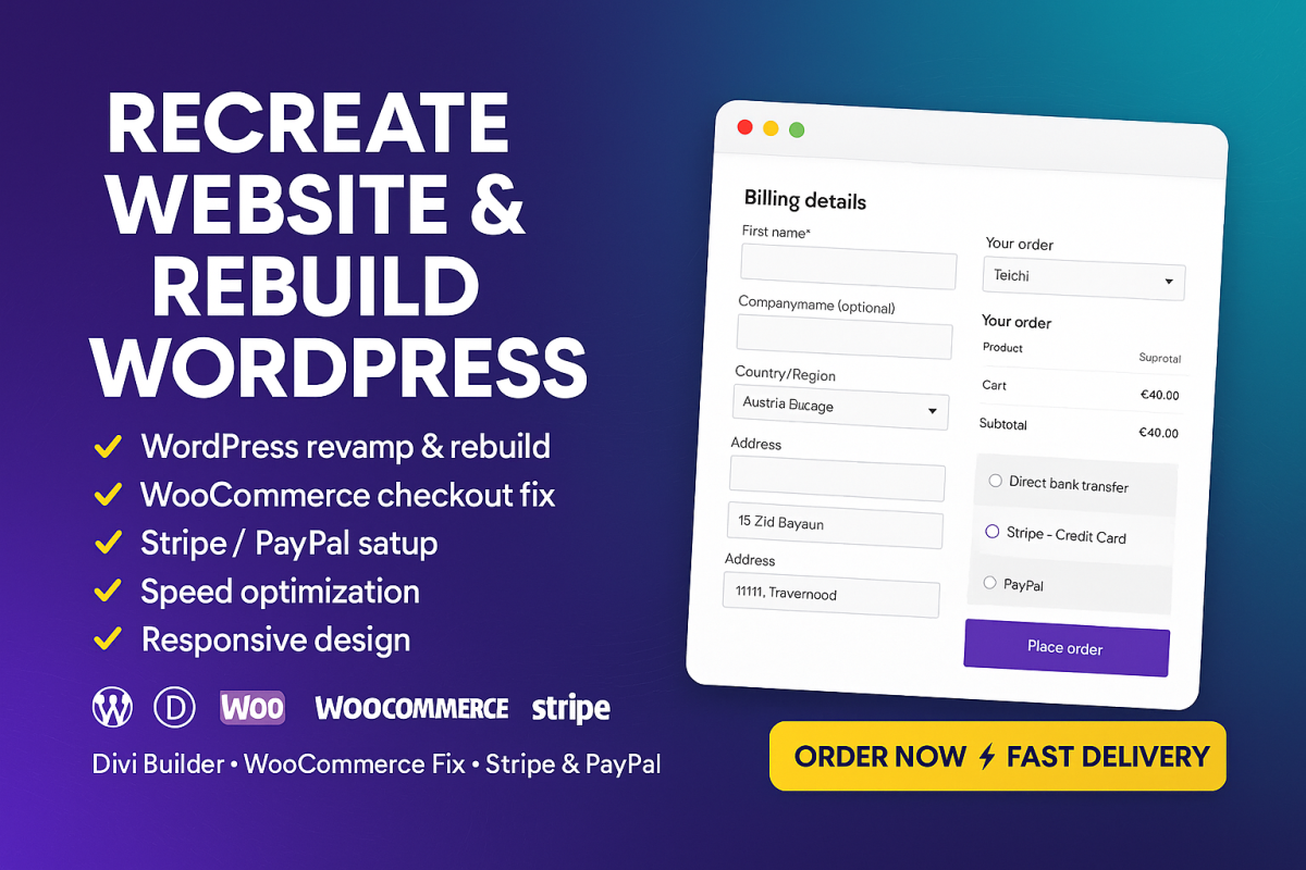 I Will Recreate and Rebuild Your Website Using WordPress, Divi Builder, and WooCommerce Checkout Fix