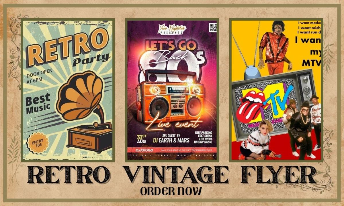 Design 80s 90s Style Retro Vintage Flyer, Disco Neon DJ Club Party Flyer