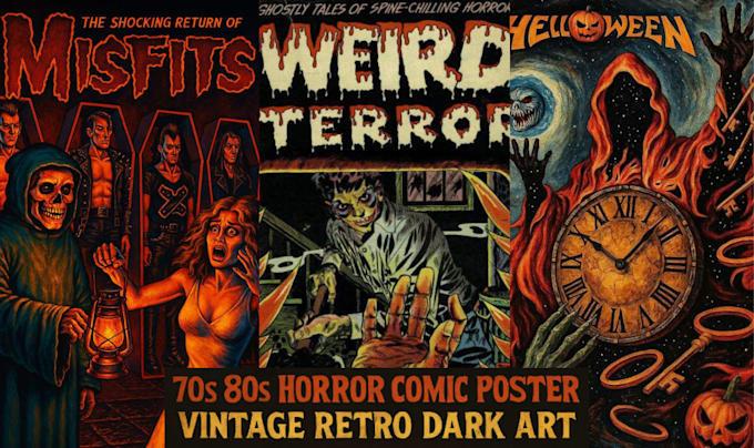 I will do 70s 80s vintage horror comic poster halloween dark art horror movie poster
