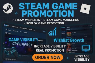 I will do Steam game promotion, wishlist growth, Steam game marketing, Roblox game