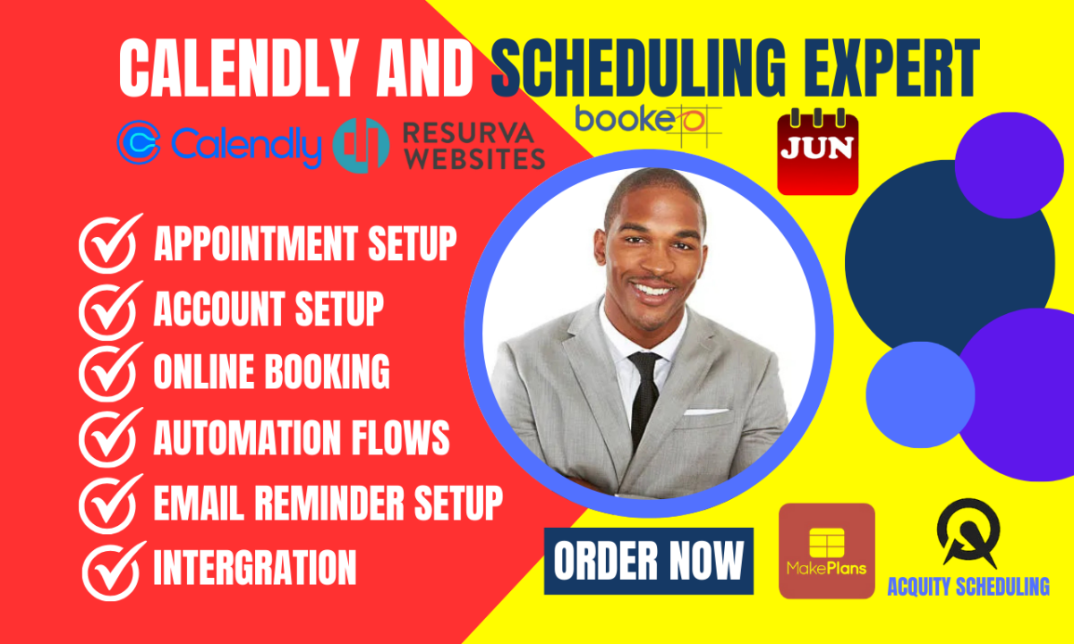 I will set up Calendly, Acuity, June, Bookeo, Resurva, MakePlans