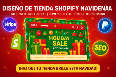 I will diseno de tienda Shopify Navidena sitio web pagina web y comercio electronico
