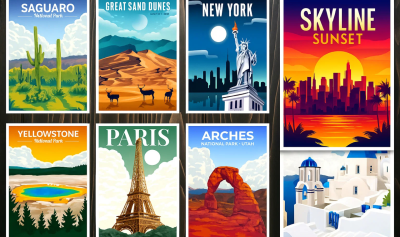I will do 70s Retro Vintage Poster Travel Poster Wallart Deco Skyline Landscape Poster