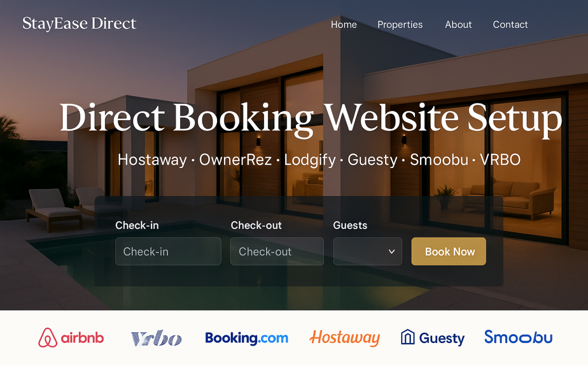 I will set up a direct booking website with OwnerRez, Hostaway, VRBO, Lodgify, Guesty, and Smoobu