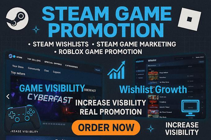I will do Steam game promotion, wishlist growth, Steam game marketing, Roblox game promotion