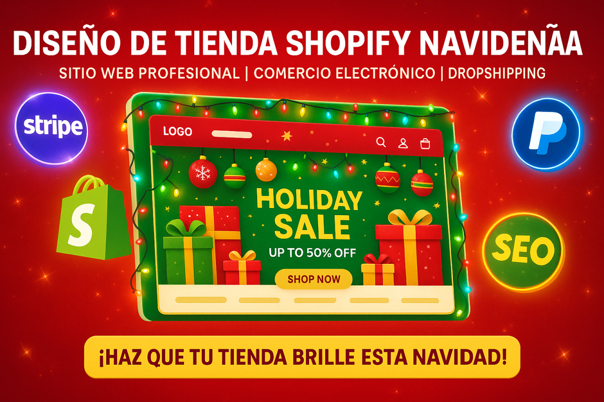 I will diseno de tienda Shopify Navidena, sitio web, pagina web y comercio electronico