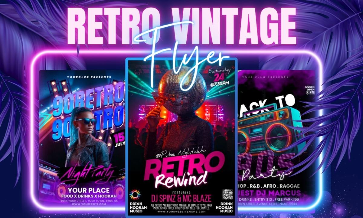 I will design 80s 90s style retro vintage flyer, disco neon DJ club party flyer