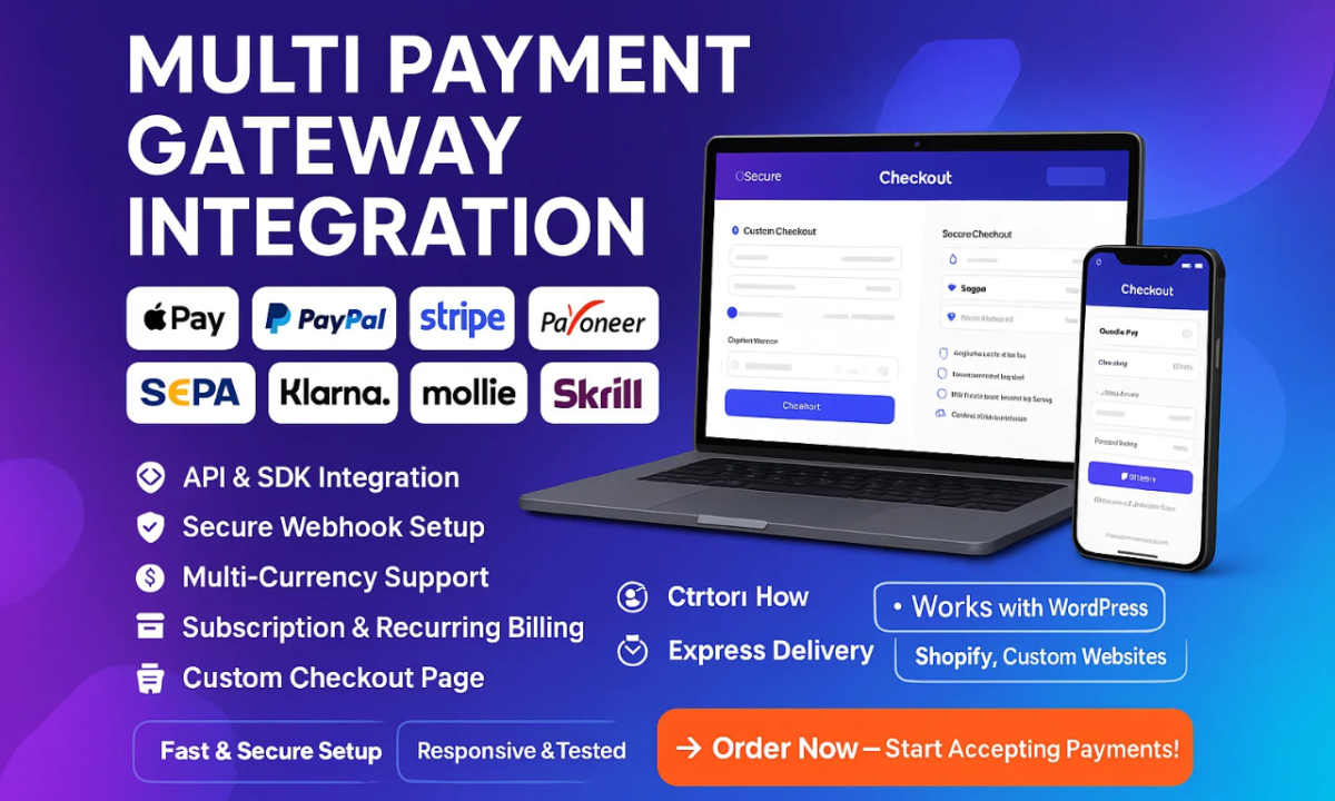 I will integrate Apple Pay, Payoneer, PayPal, SEPA, Klerna, Paystack, Mollie, Skrill, and Stripe