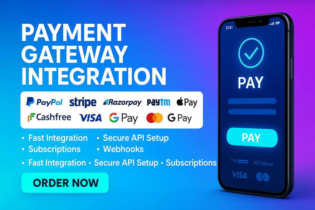I will integrate PayPal, Stripe, Razorpay, Cashfree, PayYON, 2Checkout, Apple Pay, and Credit Card
