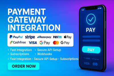 I will integrate PayPal, Stripe, Razorpay, Cashfree, PayYON, 2Checkout, Apple Pay, and Credit Card Payments
