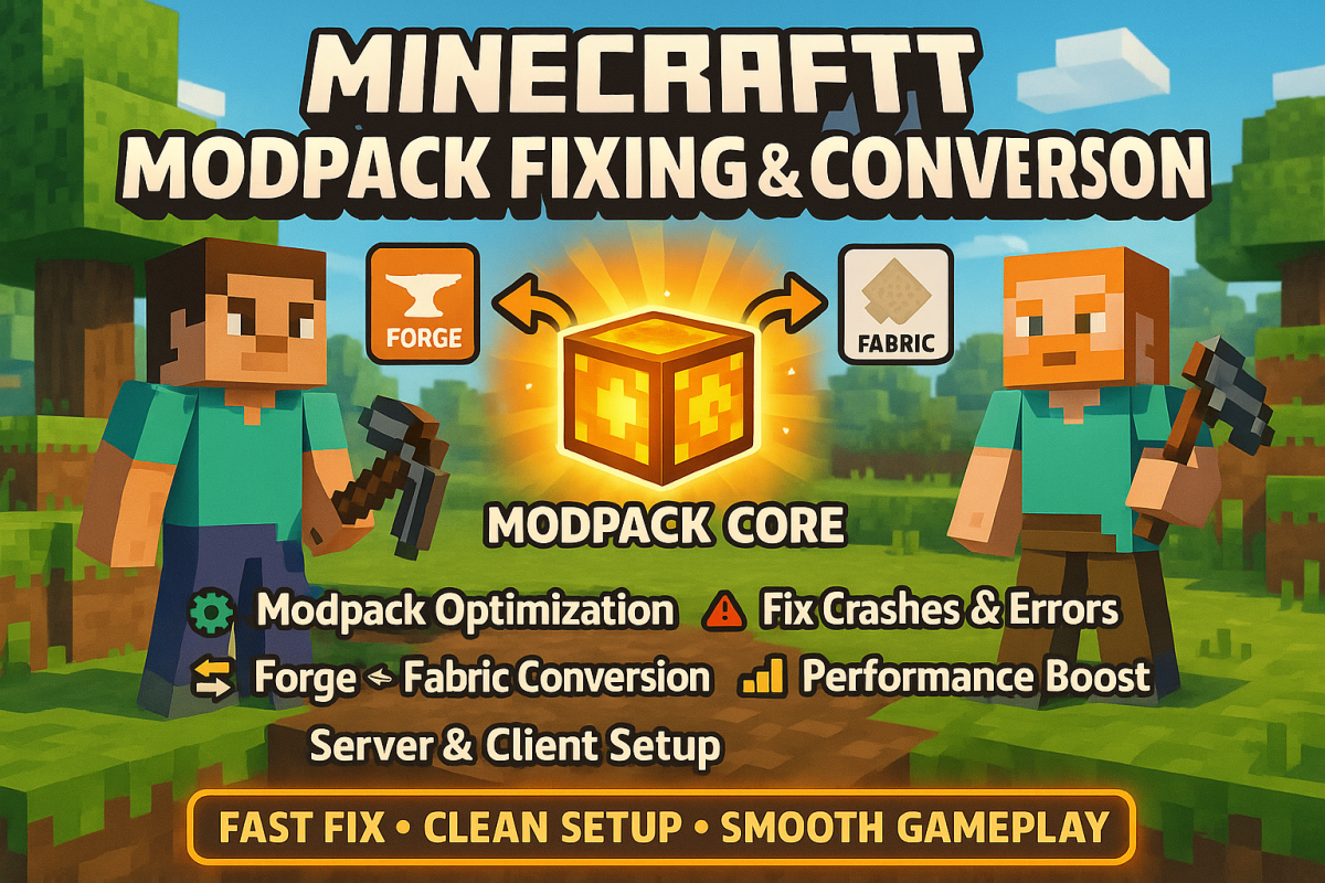 I will fix error, optimize, create Minecraft modpack, datapack, convert Forge mod to Fabric