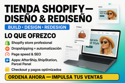 I will diseño construcción rediseño tienda Shopify tienda ecommerce tienda dropshipping