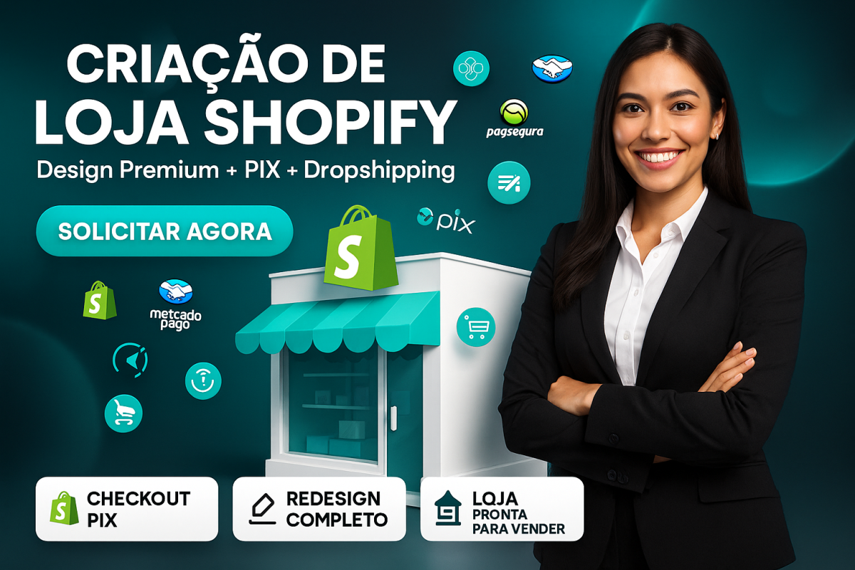 I will criar, montar, redesenhar sua loja Shopify, site Shopify ou loja de dropshipping