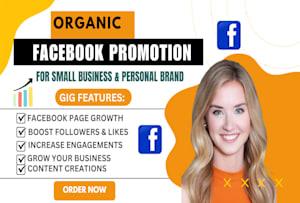 I will organic Facebook promotion, and advertising for the US, and UK traffic