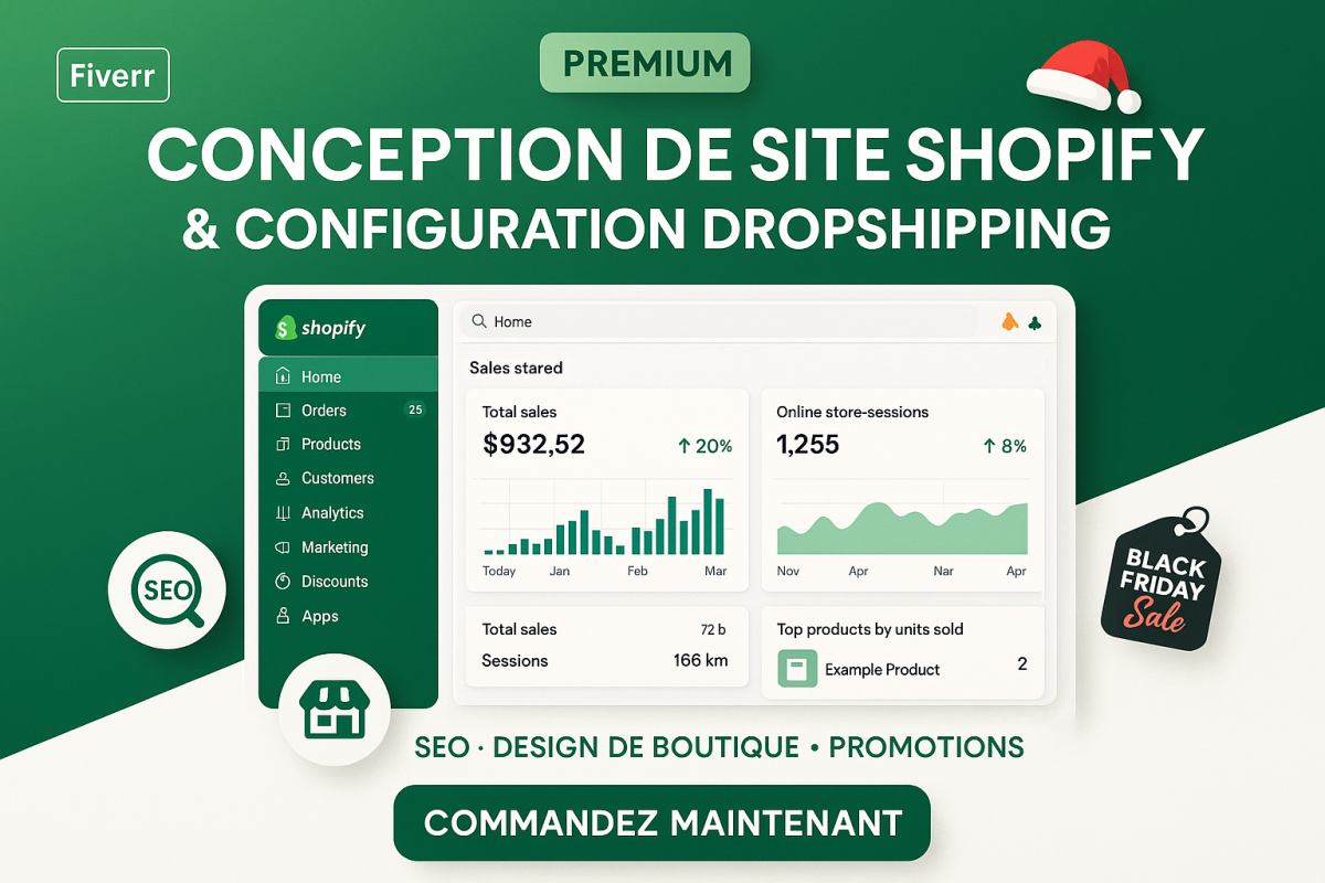I will créer site web boutique Shopify design dropshipping SEO Vendredi Noir Noël