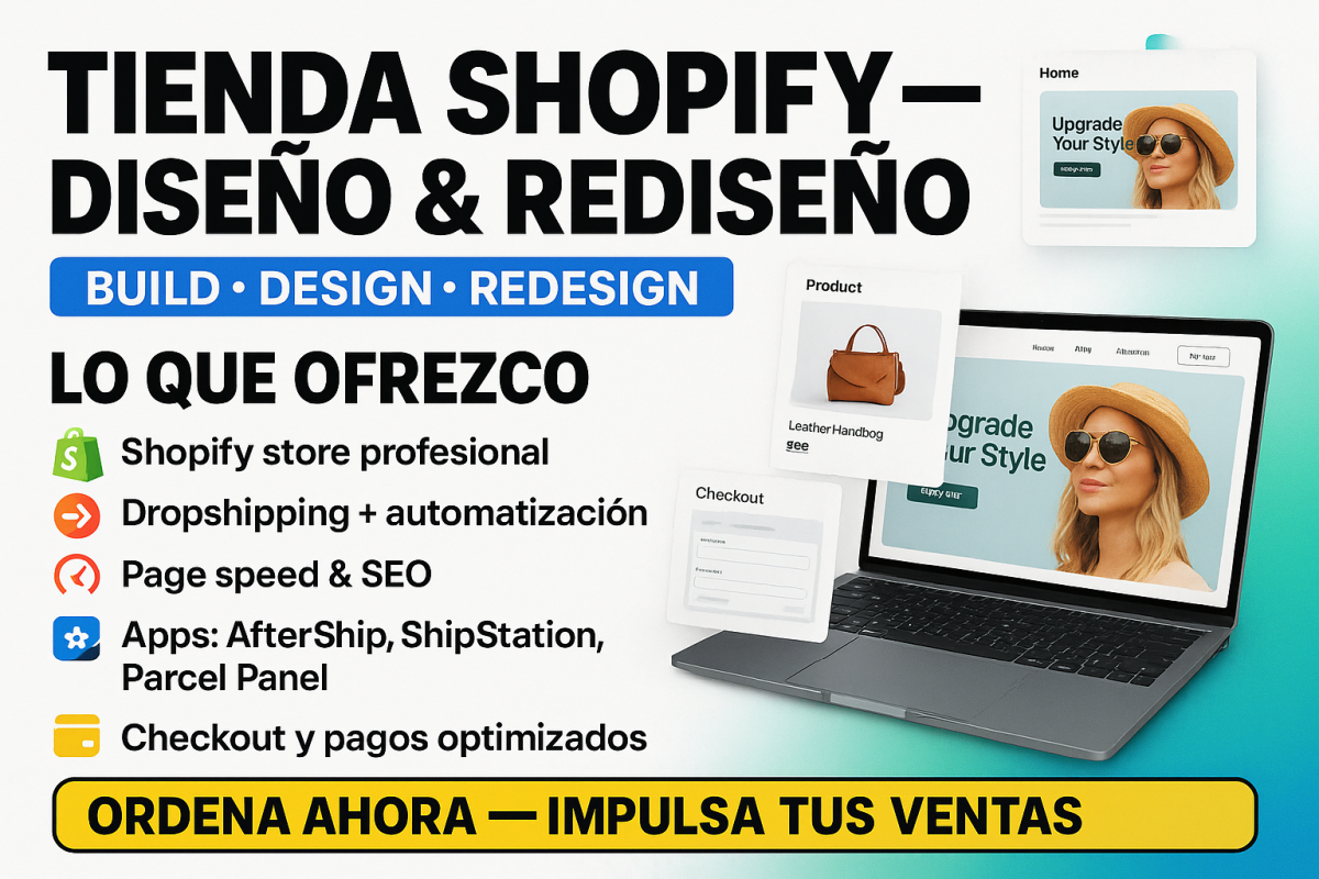I will dise\u00f1o, construcci\u00f3n y redise\u00f1o de tienda Shopify, tienda eCommerce y tienda dropshipping