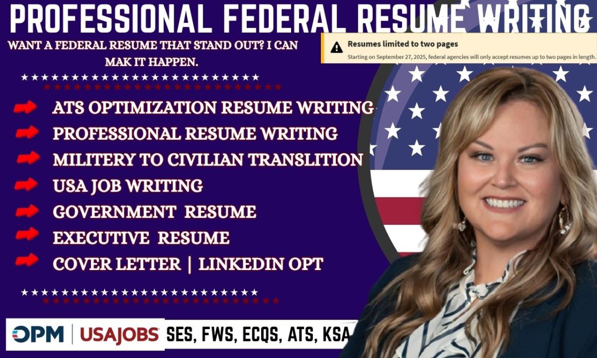 I will write 2 page federal resume, executive resume, government resume, resume writing