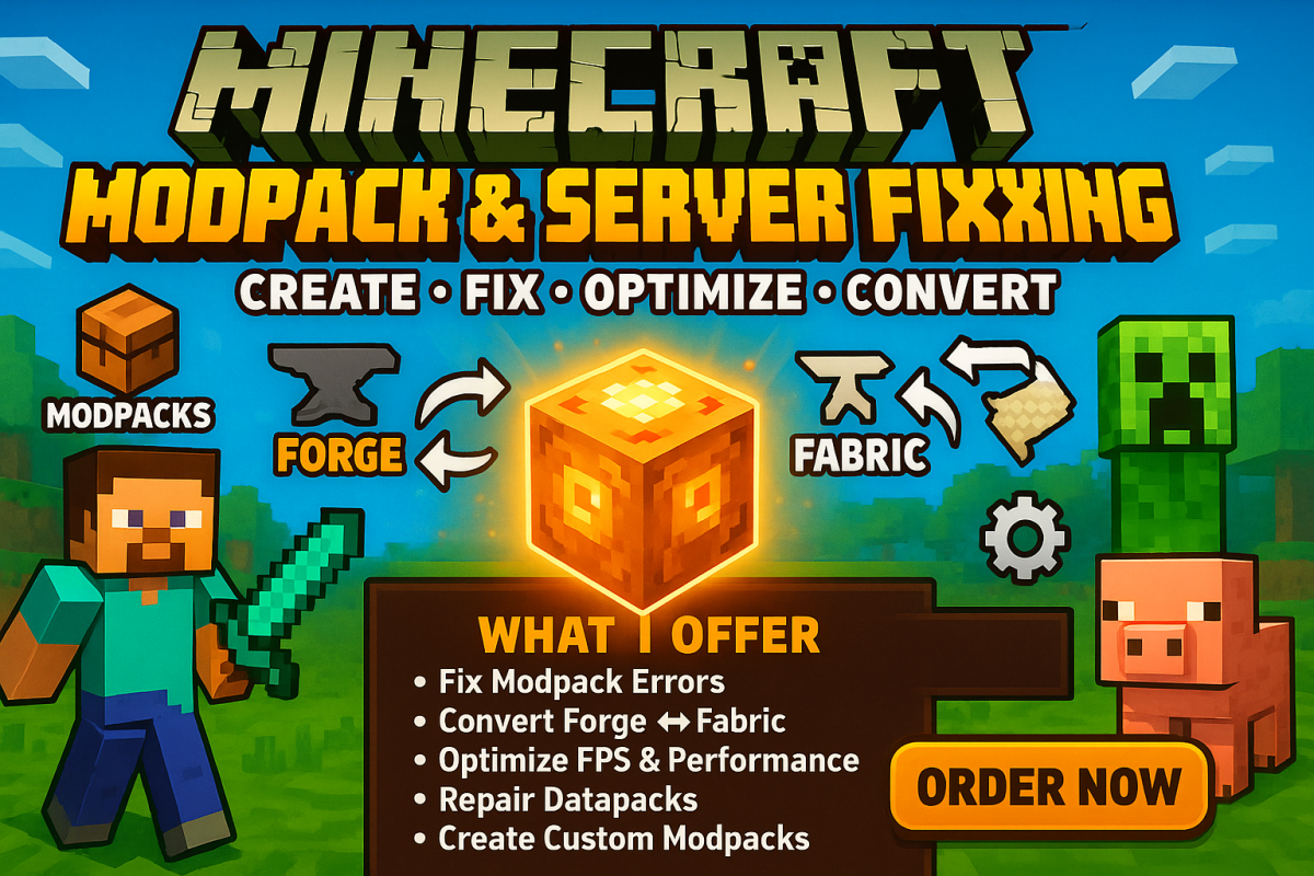 I will fix error, optimize, create Minecraft modpack, datapack, convert Forge mod to Fabric