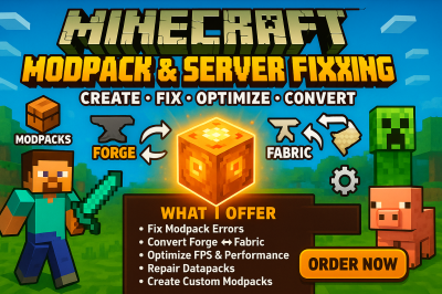 I will fix error, optimize, create Minecraft modpack, datapack, convert Forge mod to Fabric