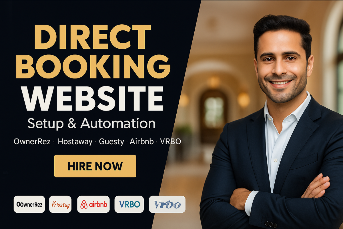 I will setup direct booking website with OwnerRez, Guesty, HostAway, Hostfully, VRBO, Airbnb