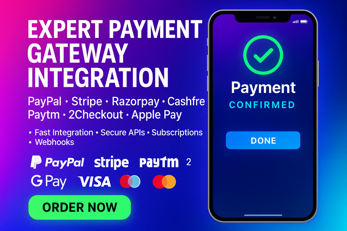 I will integrate PayPal, Stripe, Razorpay, Cashfree, PayYON, 2Checkout, Apple Pay, and Credit Card Payments