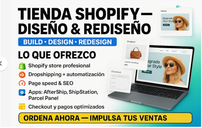 I will diseñar construcción rediseño tienda Shopify tienda ecommerce tienda dropshipping